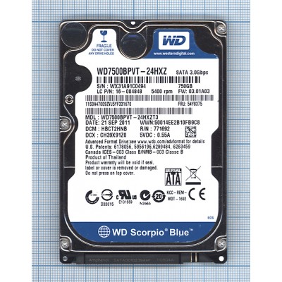 Жесткий диск WD Scorpio Blue 2.5&quot;,750GB,Sata 3