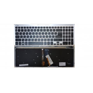 Клавиатура для ноутбука Acer Aspire V5-531, V5-551, V5-552, V5-571, V5-572, V7-581, V7-582, M3-581, M5-581 черная, рамка серебряная, с подсветкой