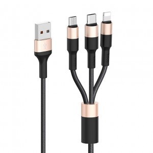 Кабель USB HOCO X26 Xpress 3 в 1 для Lightning, Micro USB, Type-C, 2.0A, 1 м, черный с золотым