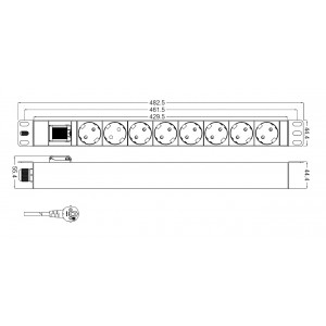 SHT19-8SH-S-2.5IEC Блок розеток для 19" шкафов, горизонтальный, с выключателем с подсветкой, 8 розеток Schuko (10A), ка Hyperline