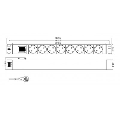 SHT19-8SH-S-2.5EU Блок розеток 19, 250В, 1U, 16А, 8 розеток Schuko, с выключателем, кабель питания 2.5 м с вилкой Sch Hyperline