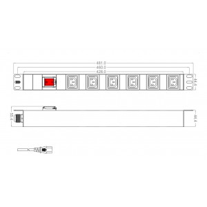 SHT19-6SH-2.5IEC Блок розеток для 19" шкафов, горизонтальный, 6 розеток Schuko (10A), 230 В, кабель питания 3х1мм2, д Hyperline