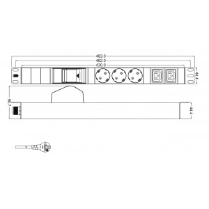 SHE19-6SH-2.5EU Блок розеток для 19'; шкафов, горизонтальный, 6 розеток Schuko, кабель питания 2.5м (3х1.5мм2) с вилкой Schuko 16A, 250В, 482.6x44.4x4