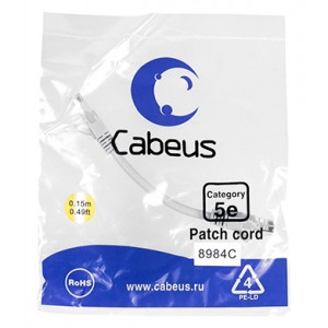 Cabeus PC-UTP-RJ45-Cat.5e-0.15m Патч-корд U/UTP, категория 5е, 2xRJ45/8p8c, неэкранированный, серый, PVC, 0.15м PC-UTP-RJ45-Cat.5e-0.15m